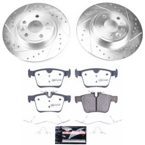 Jaguar E-Pace Brake Pads + Rotors - Rear - PowerStop - Z36 Truck & Tow: Drilled & Slotted Rotors + Carbon-Fiber Ceramic Pads - `18-`19