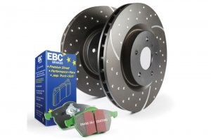 Jaguar XJ Brake Pads and Rotors - Front - Slot & Drilled - EBC - Greenstuff - '73 - '74