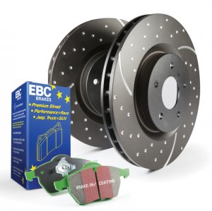 Jaguar XK Brake Pads and Rotors - Front - Slot & Drilled - EBC - Greenstuff - '61 - '68