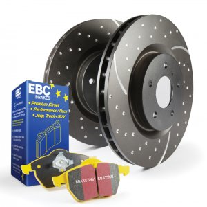 Jaguar S-Type Brake Pads + Rotors - Rear - Slot & Drilled - EBC - Yellowstuff - '06 - '08