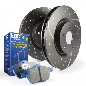 Jaguar XF Brake Pads and Rotors - Front - Slot & Drilled - EBC - Bluestuff - '09 - '15