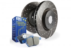 Jaguar S-Type Brake Pads + Rotors - Front - EBC - Slotted/ Drilled Rotors + Bluestuff Pads - '06 - '08