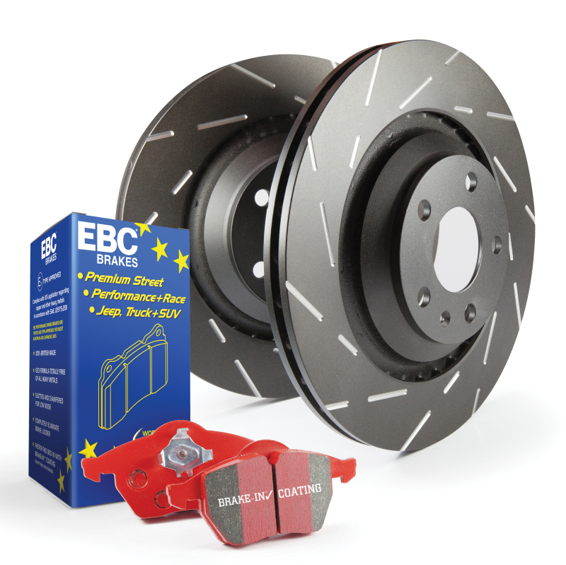 Jaguar XK Brake Pads and Rotors - Front - Slotted - EBC - Redstuff - '09 - '15